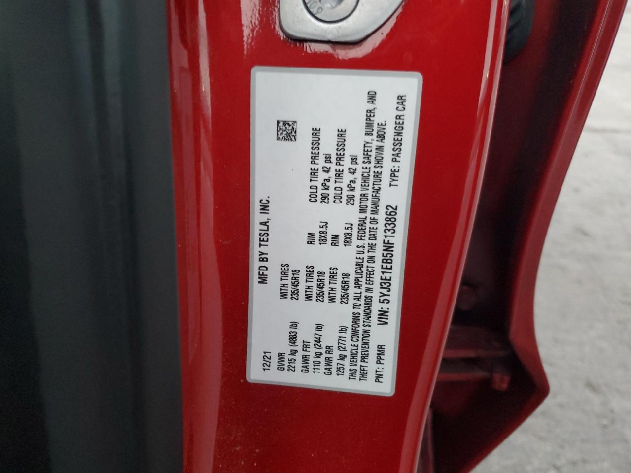 2022 TESLA MODEL 3  VIN:5YJ3E1EB5NF133862