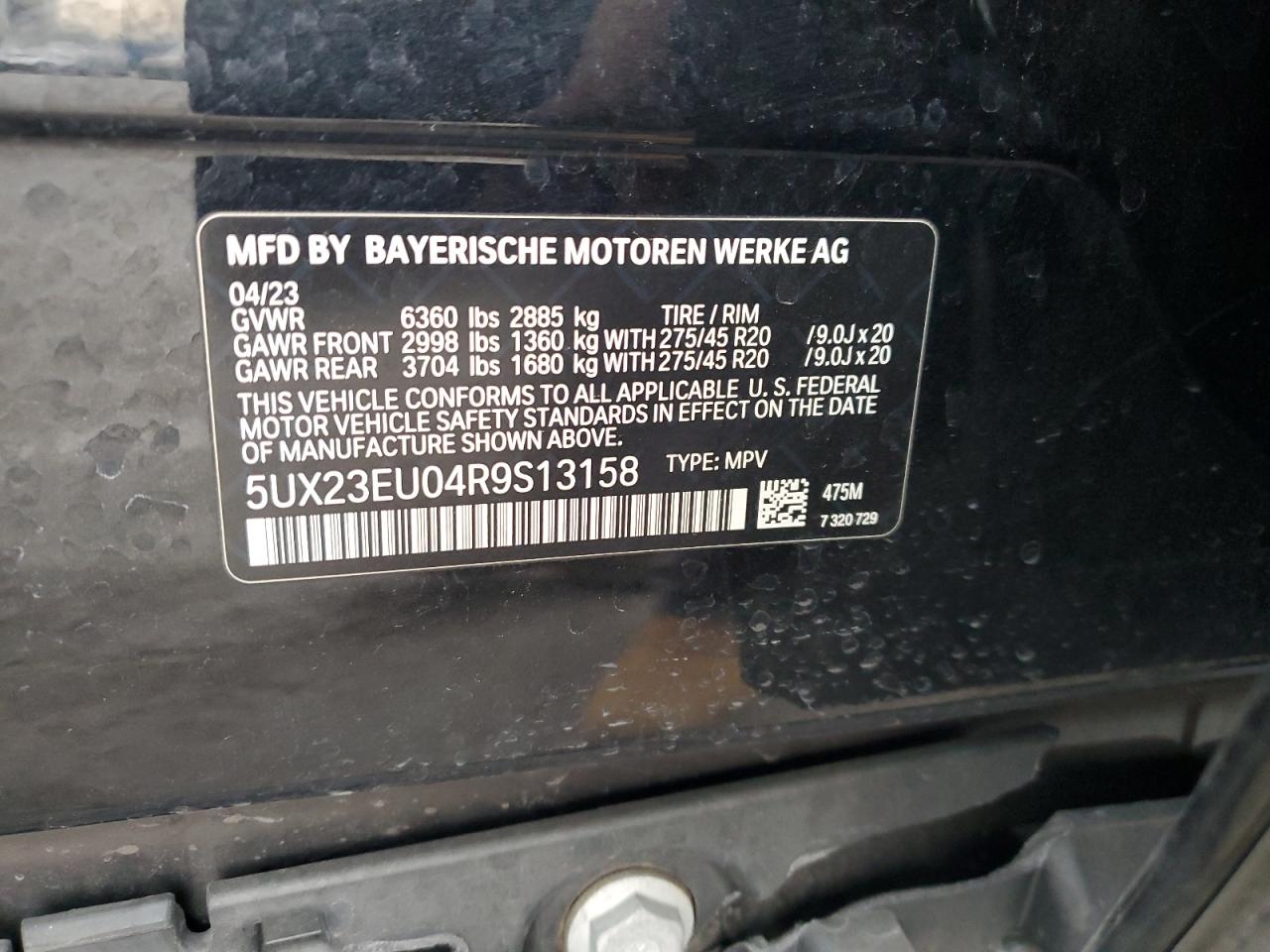 2024 BMW X5 XDRIVE40I VIN:5UX23EU04R9S13158