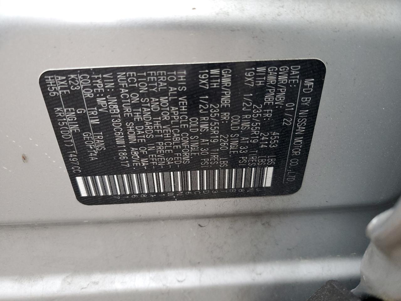 2022 NISSAN ROGUE PLATINUM VIN:JN8BT3DC6NW118617