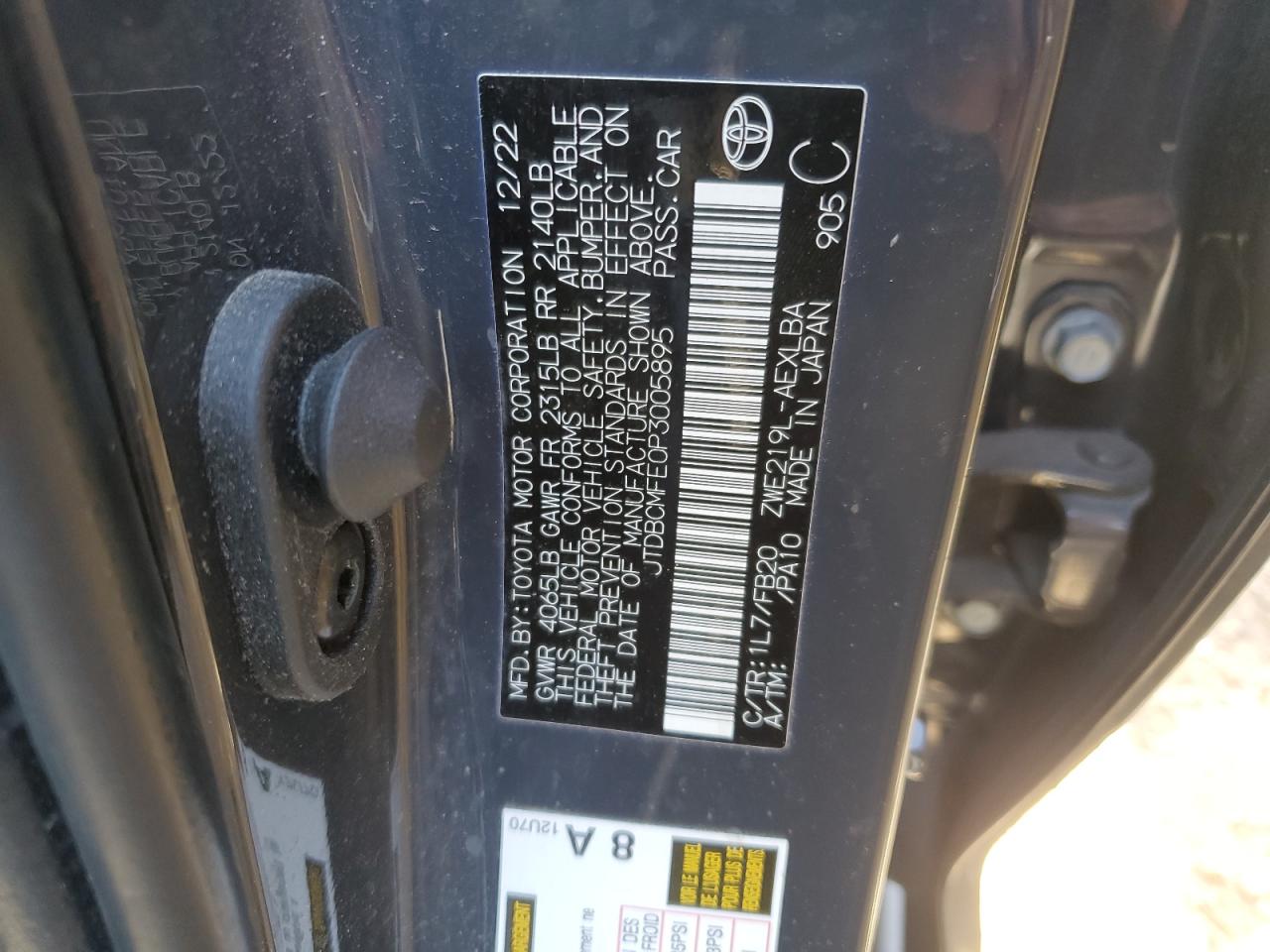 2023 TOYOTA COROLLA LE VIN:JTDBCMFE0P3005895