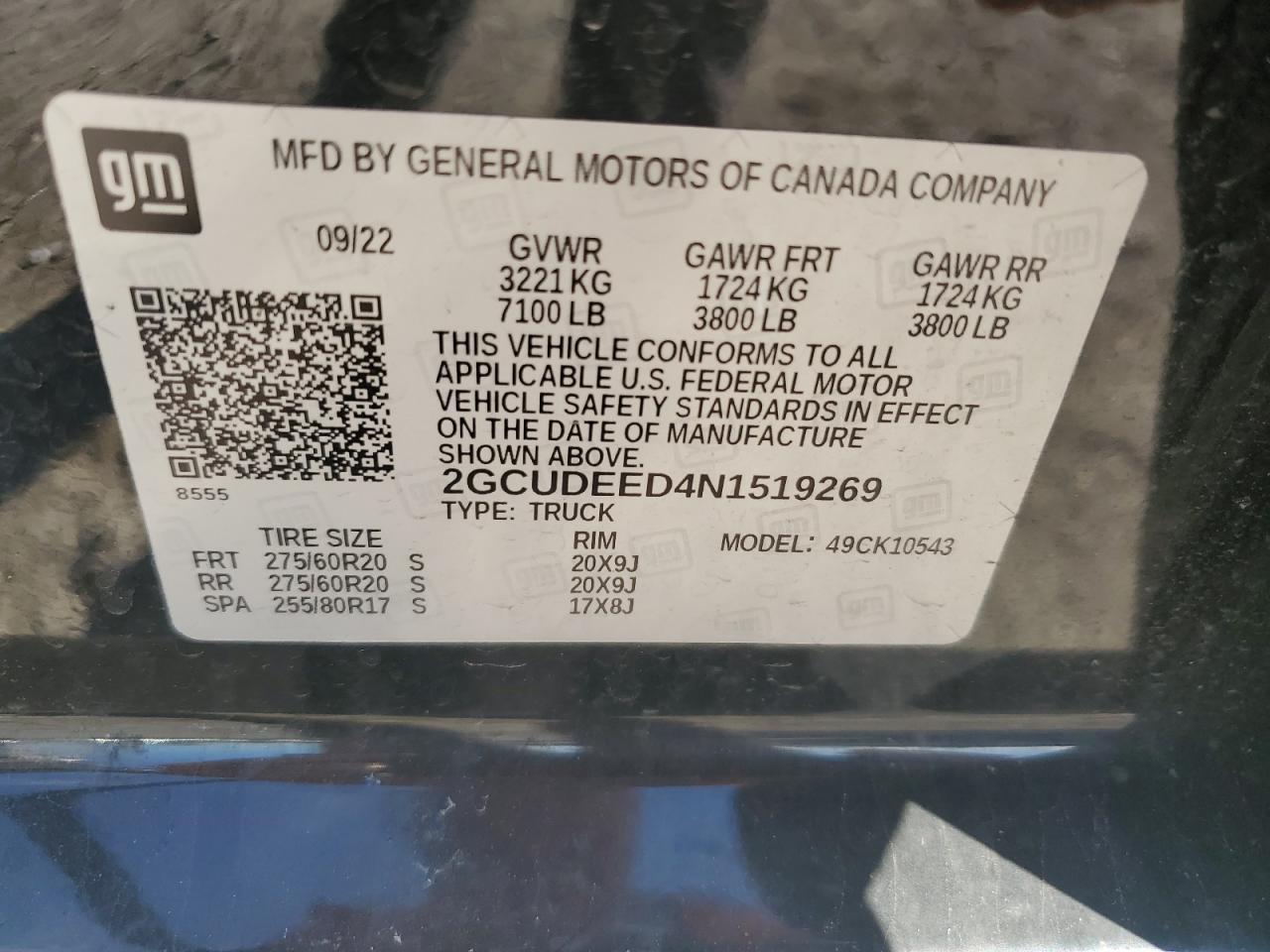 2022 CHEVROLET SILVERADO K1500 RST VIN:2GCUDEED4N1519269