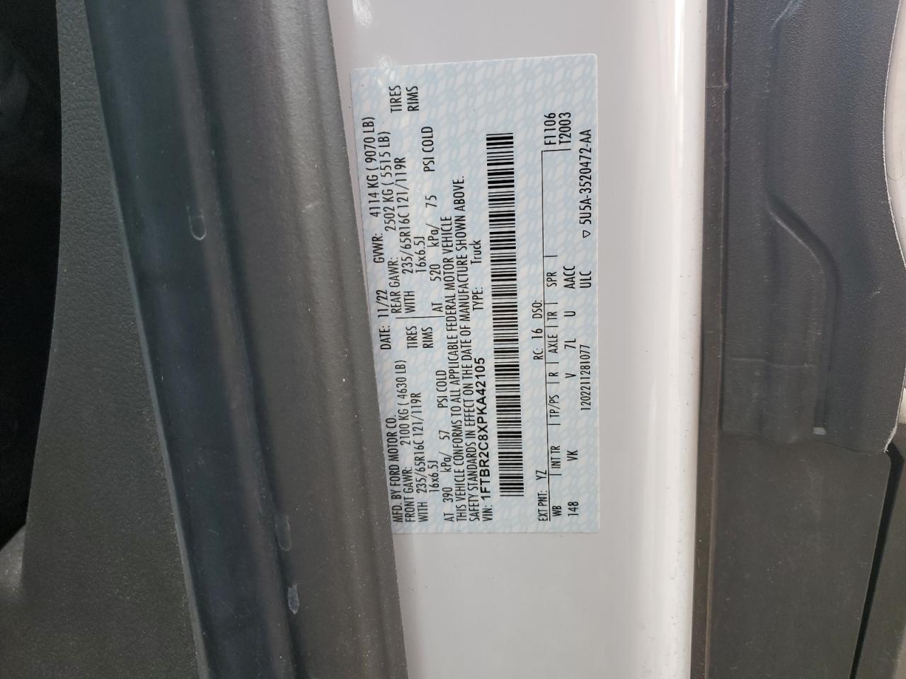 2023 FORD TRANSIT T-250 VIN:1FTBR2C8XPKA42105