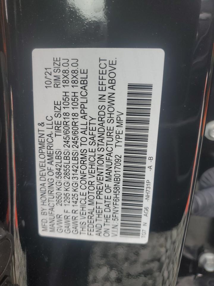 2022 HONDA PILOT EXL VIN:5FNYF6H58NB017092