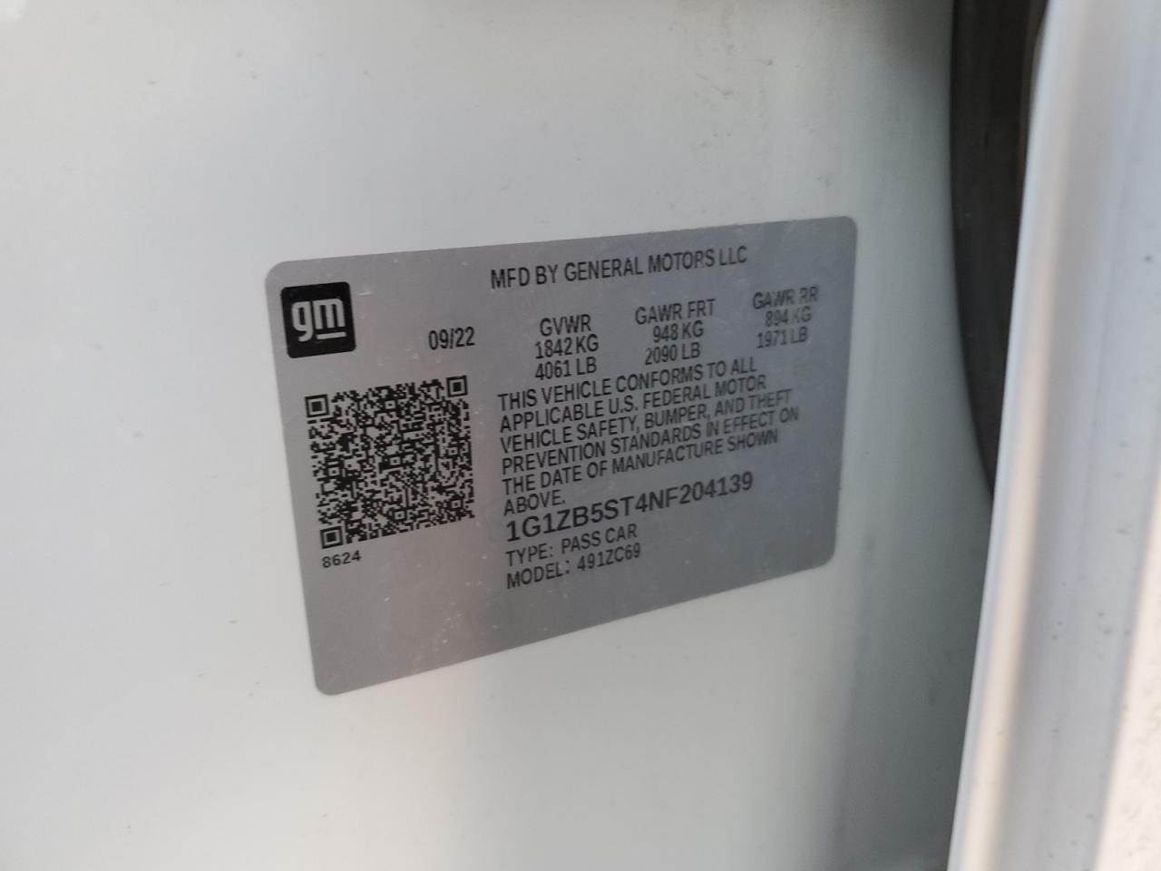 2022 CHEVROLET MALIBU LS VIN:1G1ZB5ST4NF204139