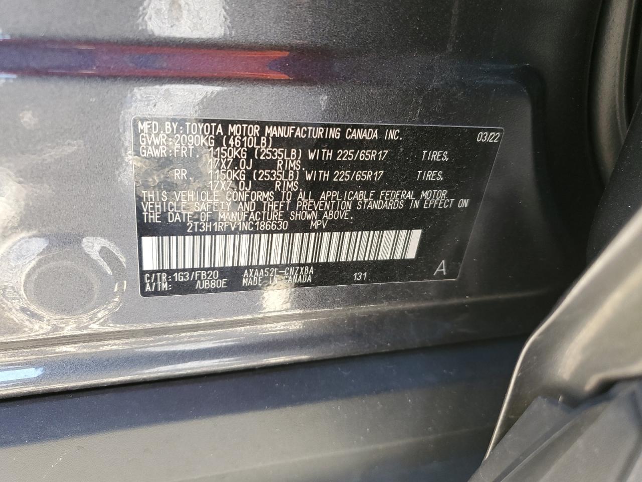 2022 TOYOTA RAV4 LE VIN:2T3H1RFV1NC186630