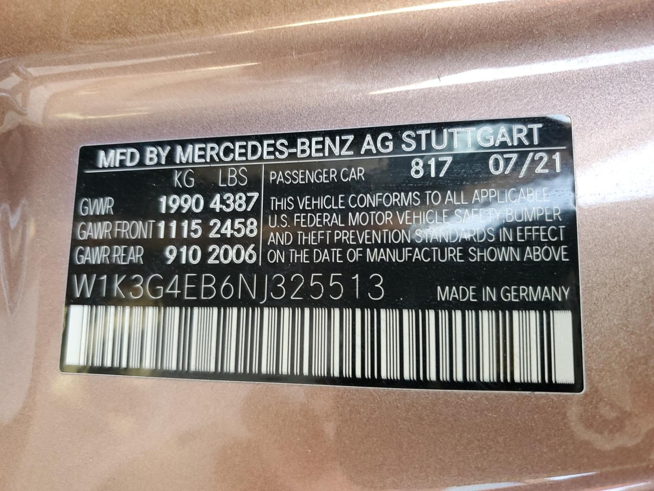 2022 MERCEDES-BENZ A 220 VIN:W1K3G4EB6NJ325513