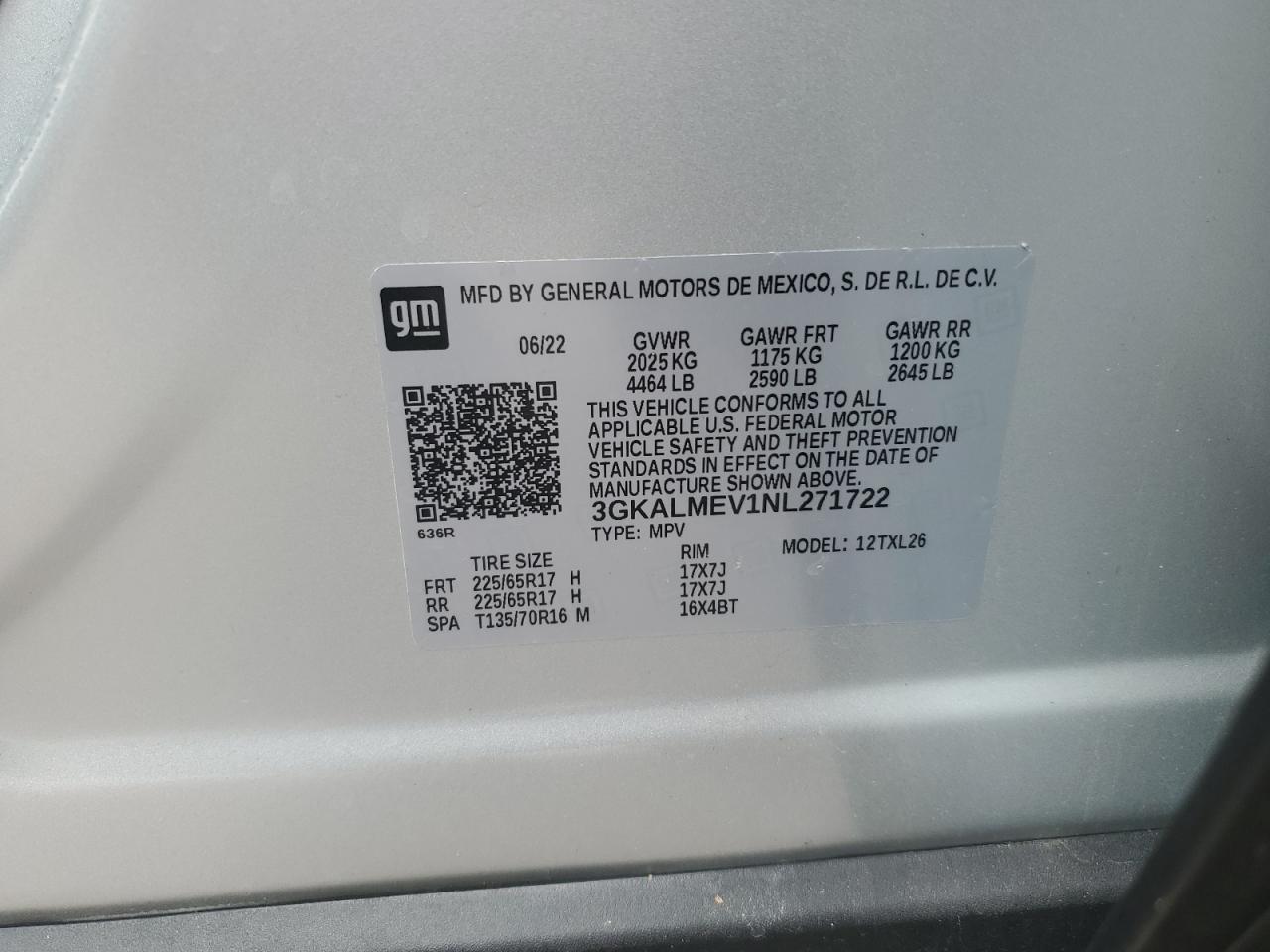 2022 GMC TERRAIN SLE VIN:3GKALMEV1NL271722