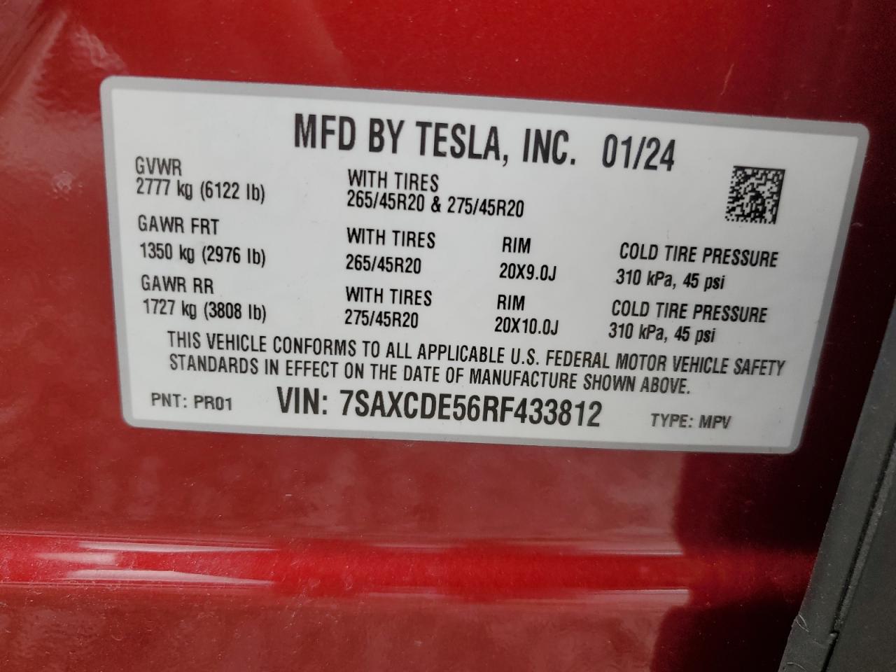 2024 TESLA MODEL X  VIN:7SAXCDE56RF433812