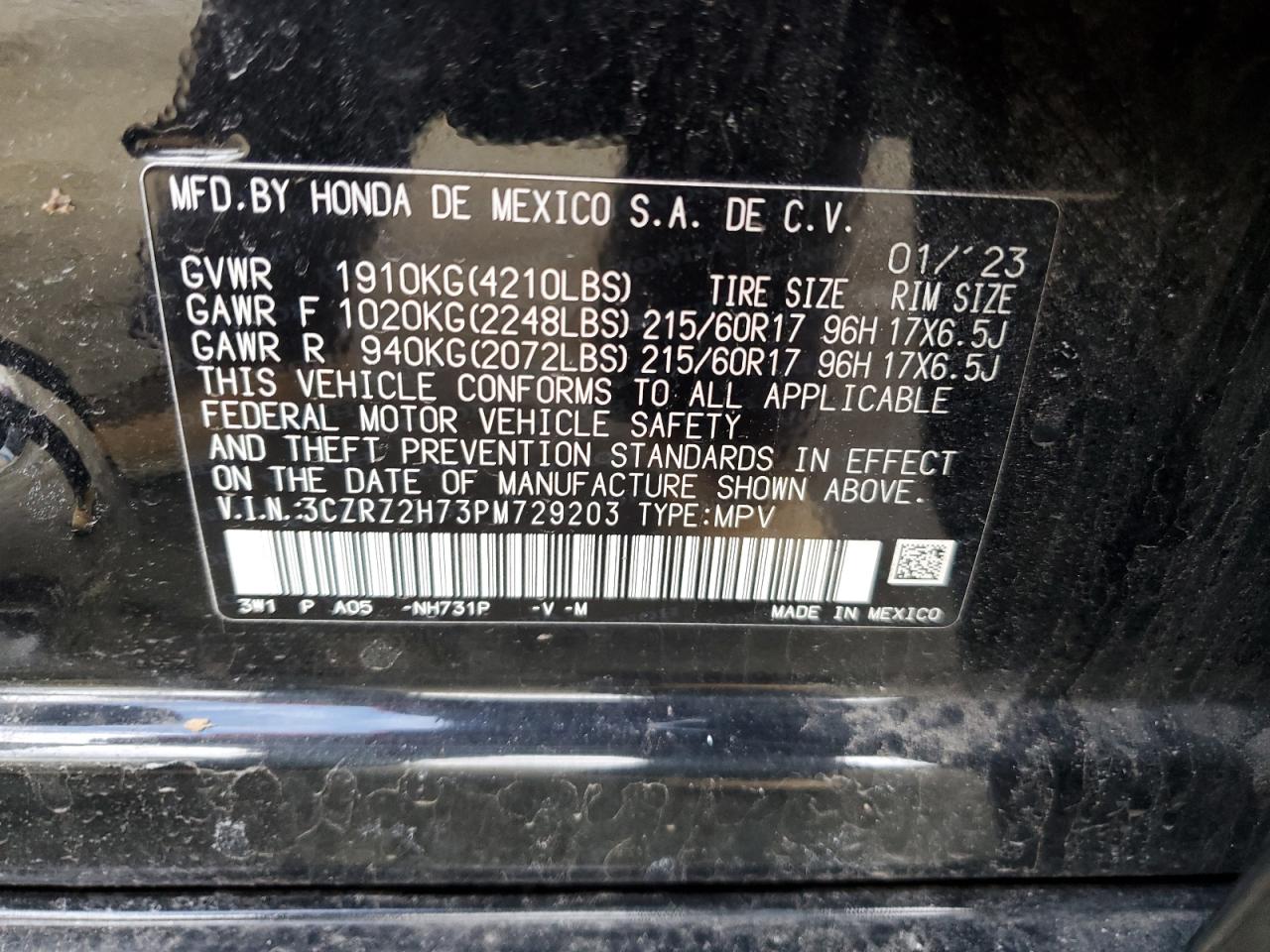2023 HONDA HR-V EXL VIN:3CZRZ2H73PM729203