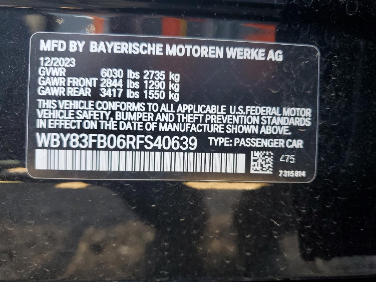 2024 BMW I4 XDRIVE 40 VIN:WBY83FB06RFS40639