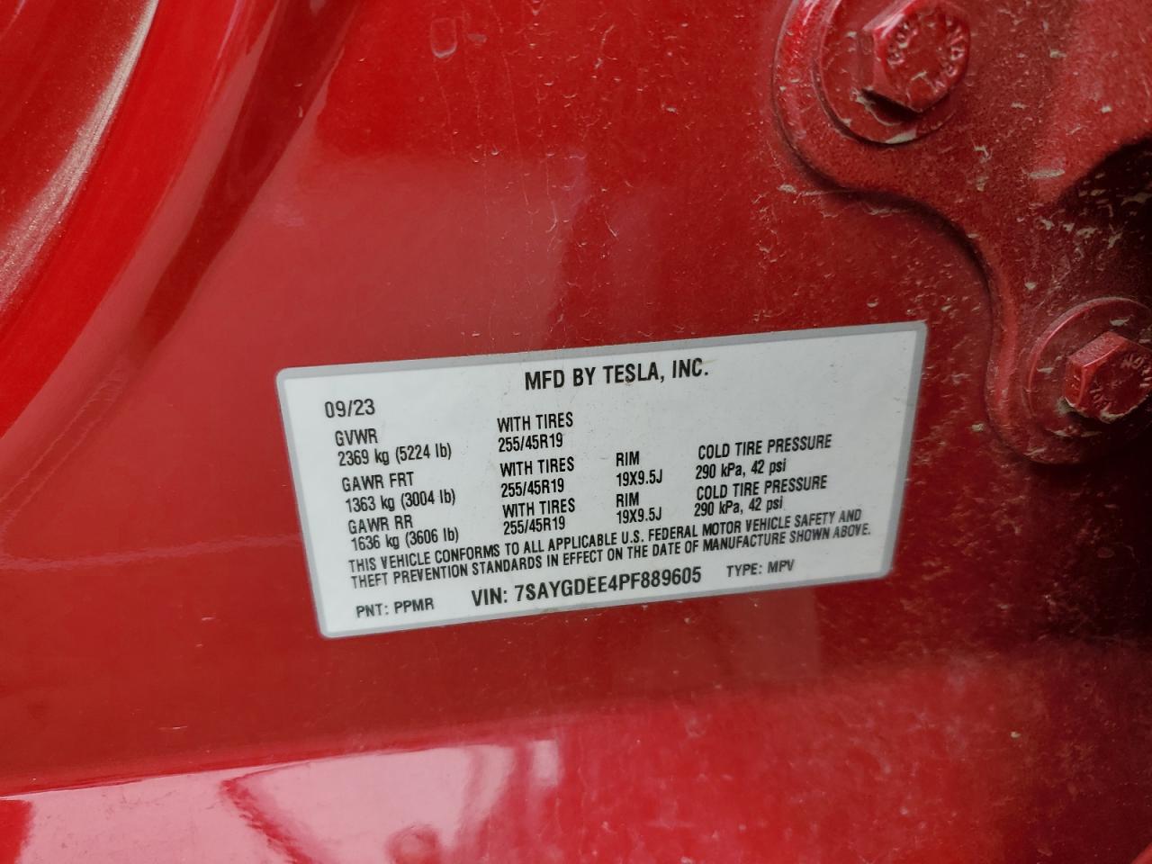 2023 TESLA MODEL Y  VIN:7SAYGDEE4PF889605