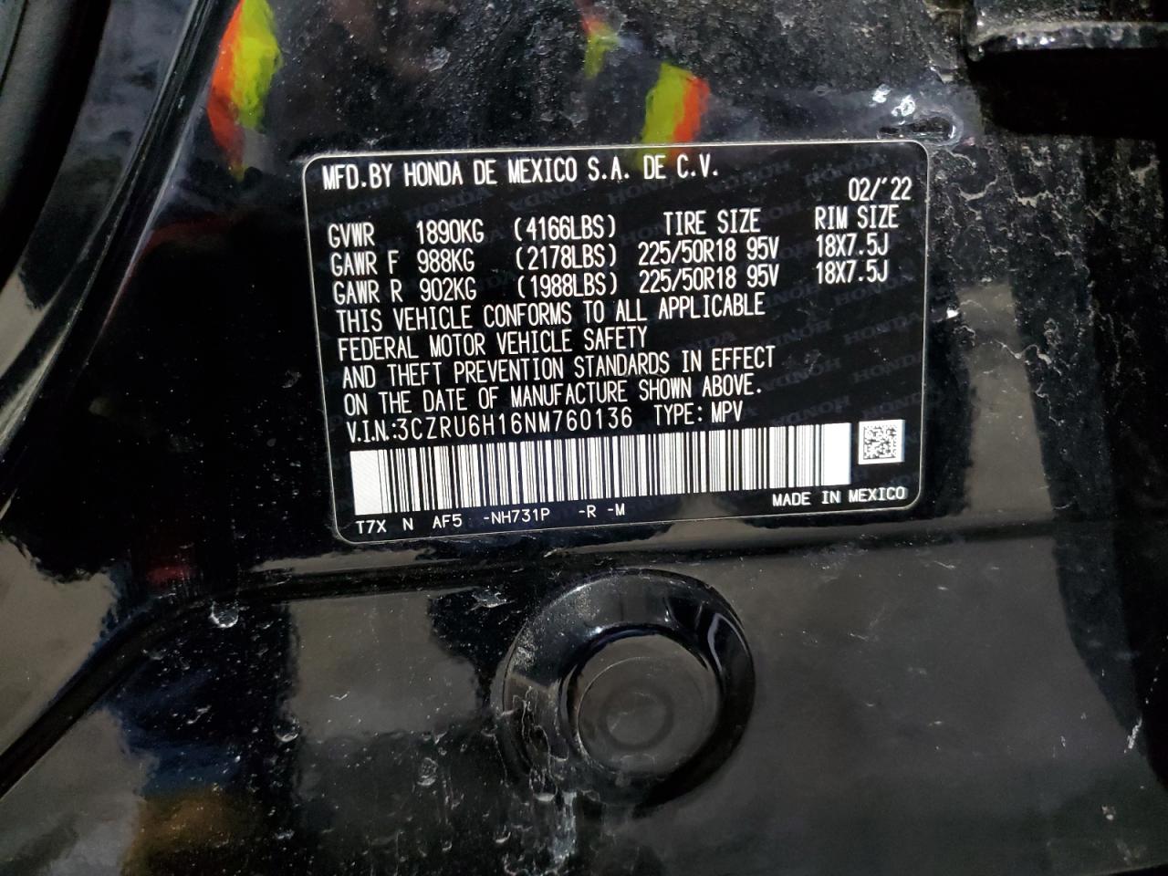 2022 HONDA HR-V SPORT VIN:3CZRU6H16NM760136