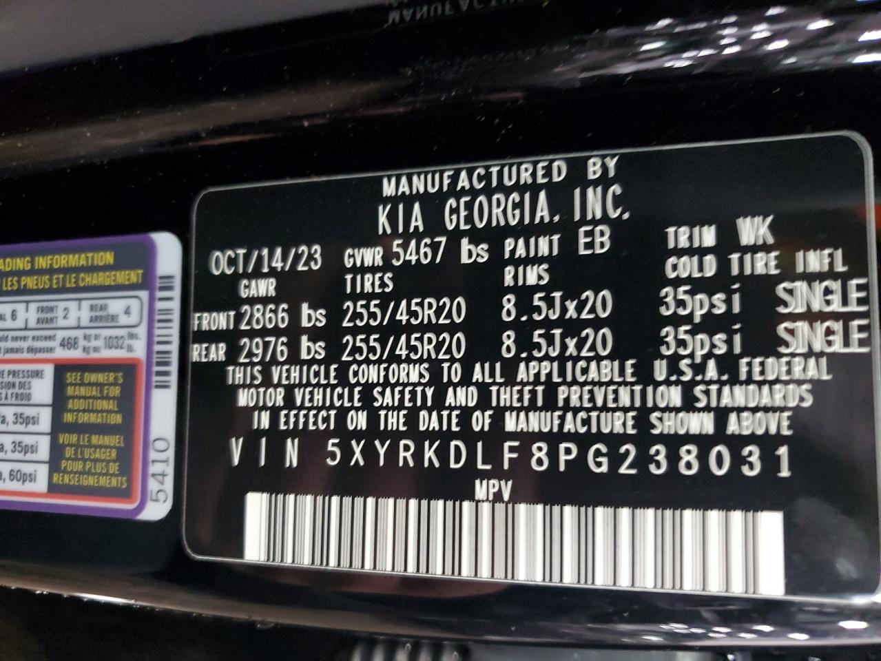 2023 KIA SORENTO SX VIN:5XYRKDLF8PG238031