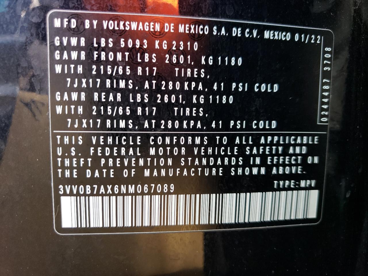 2022 VOLKSWAGEN TIGUAN S VIN:3VV0B7AX6NM067089