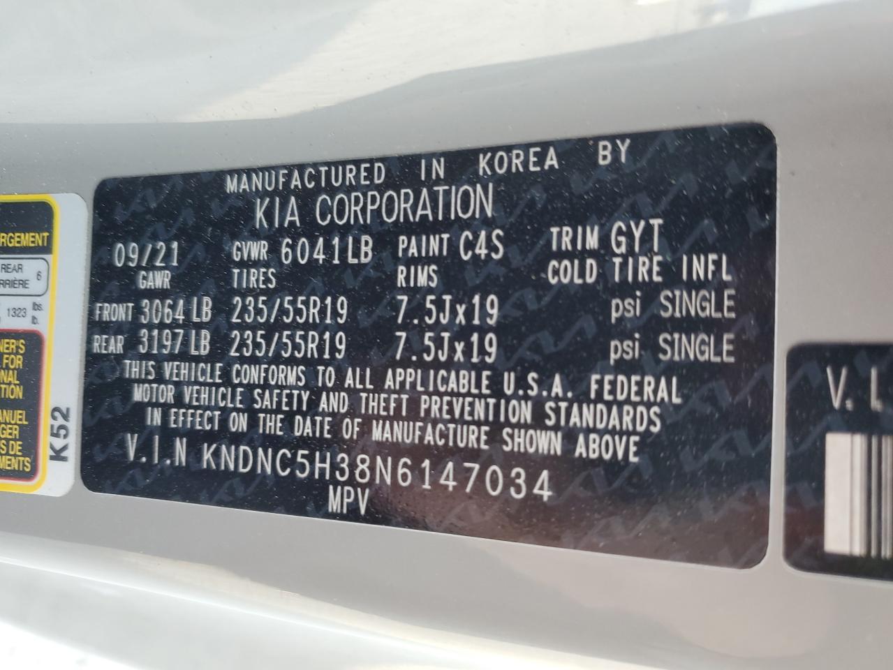 2022 KIA CARNIVAL EX VIN:KNDNC5H38N6147034