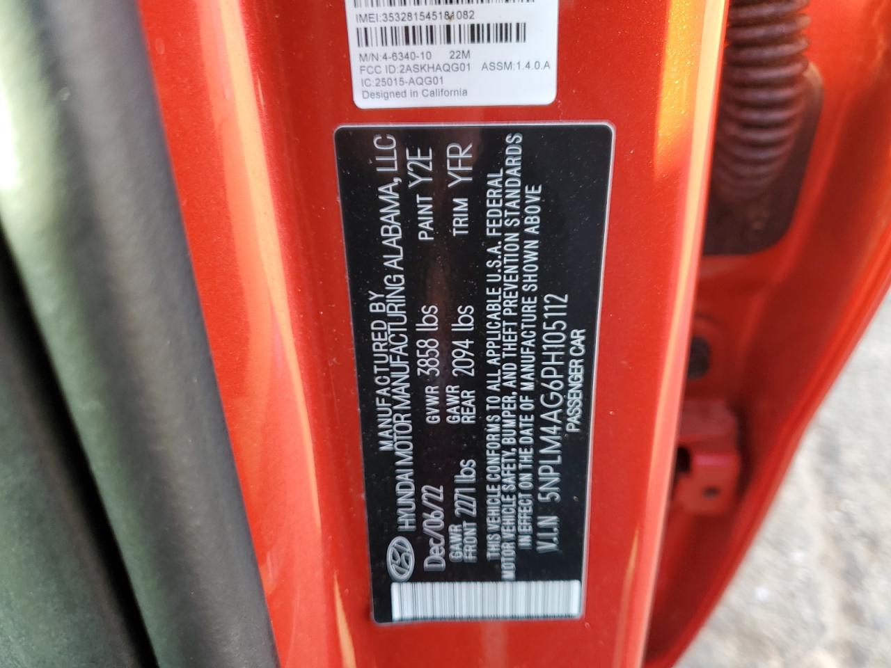 2023 HYUNDAI ELANTRA SEL VIN:5NPLM4AG6PH105112