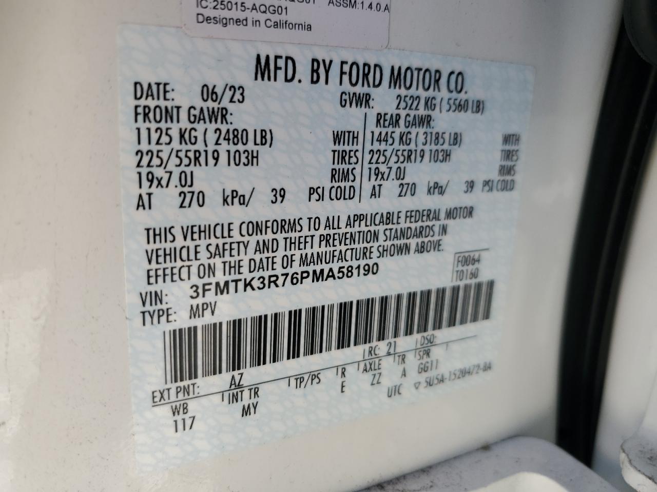 2023 FORD MUSTANG MACH-E PREMIUM VIN:3FMTK3R76PMA58190