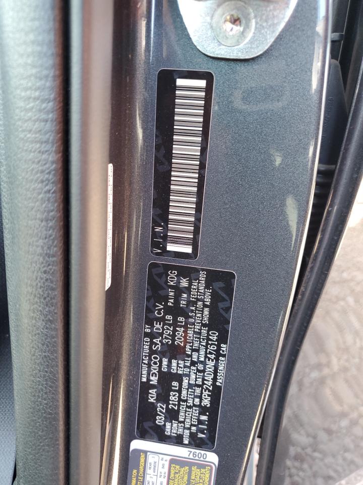 2022 KIA FORTE FE VIN:3KPF24ADXNE476140