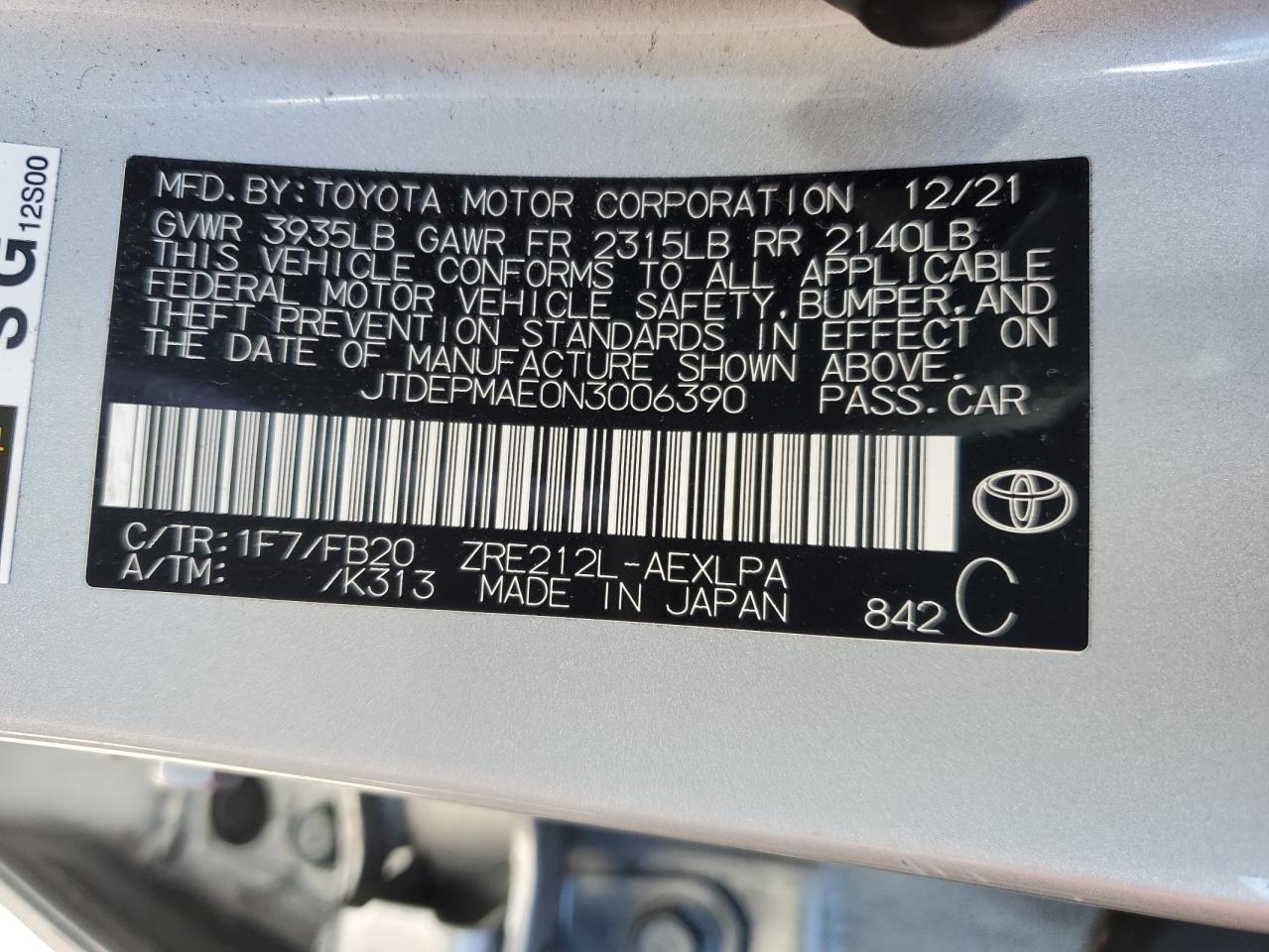 2022 TOYOTA COROLLA LE VIN:JTDEPMAE0N3006390