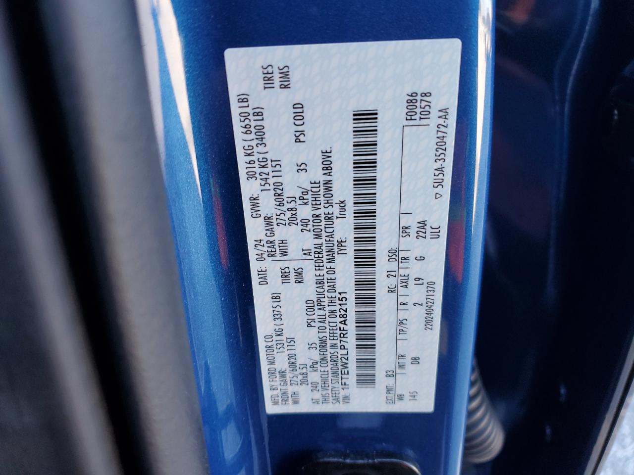 2024 FORD F150 STX VIN:1FTEW2LP7RFA82151