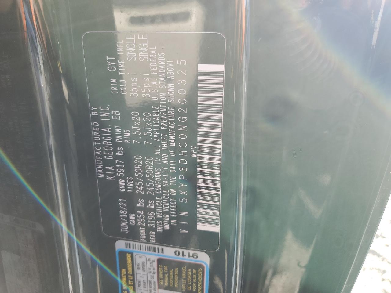 2022 KIA TELLURIDE EX VIN:5XYP3DHC0NG200325