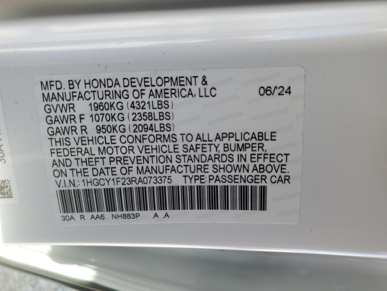 2024 HONDA ACCORD LX VIN:1HGCY1F23RA073375