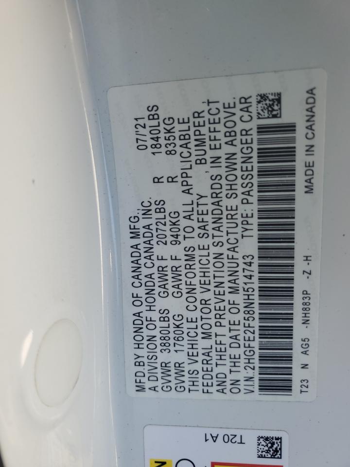 2022 HONDA CIVIC SPORT VIN:2HGFE2F58NH514743