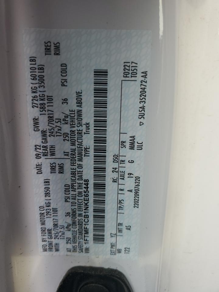 2022 FORD F150  VIN:1FTMF1CB1NKE65448