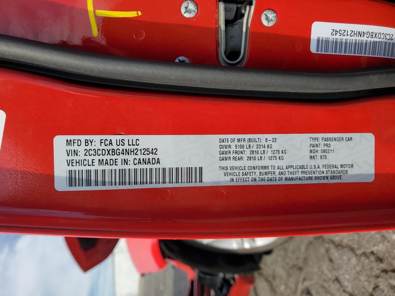 2022 DODGE CHARGER SXT VIN:2C3CDXBG4NH212542