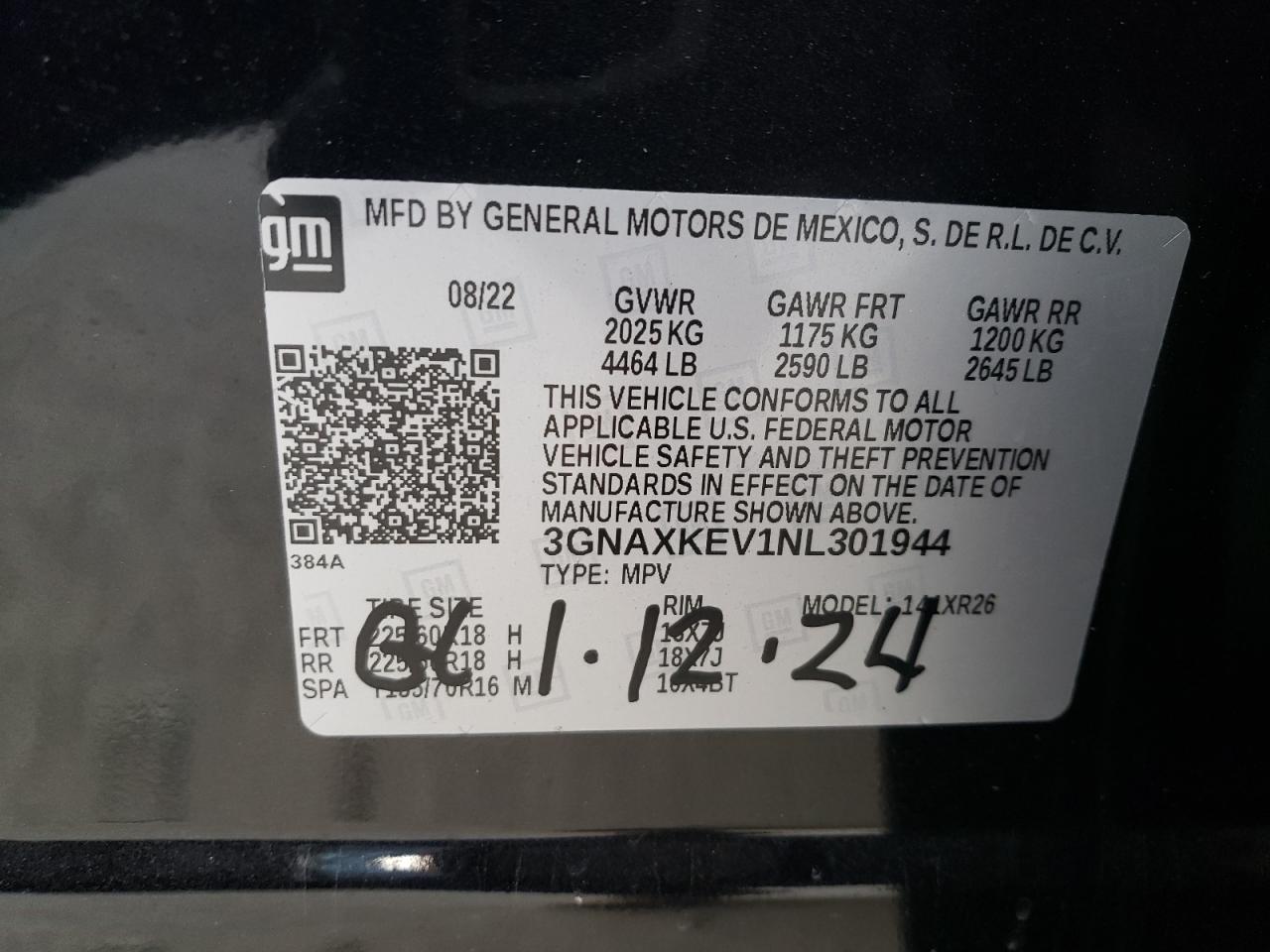 2022 CHEVROLET EQUINOX LT VIN:3GNAXKEV1NL301944