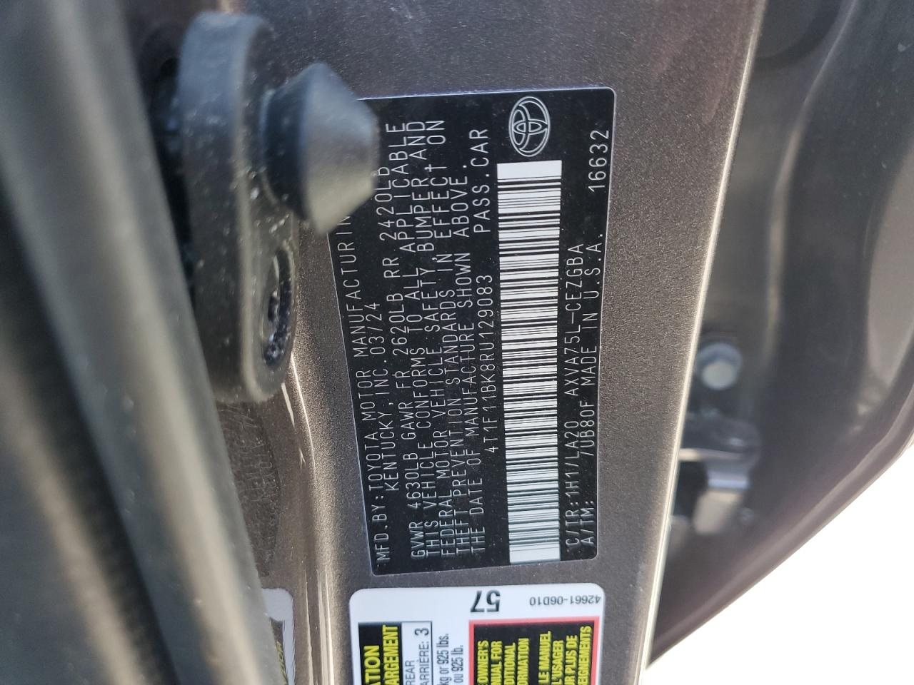 2024 TOYOTA CAMRY XLE VIN:4T1F11BK8RU129083
