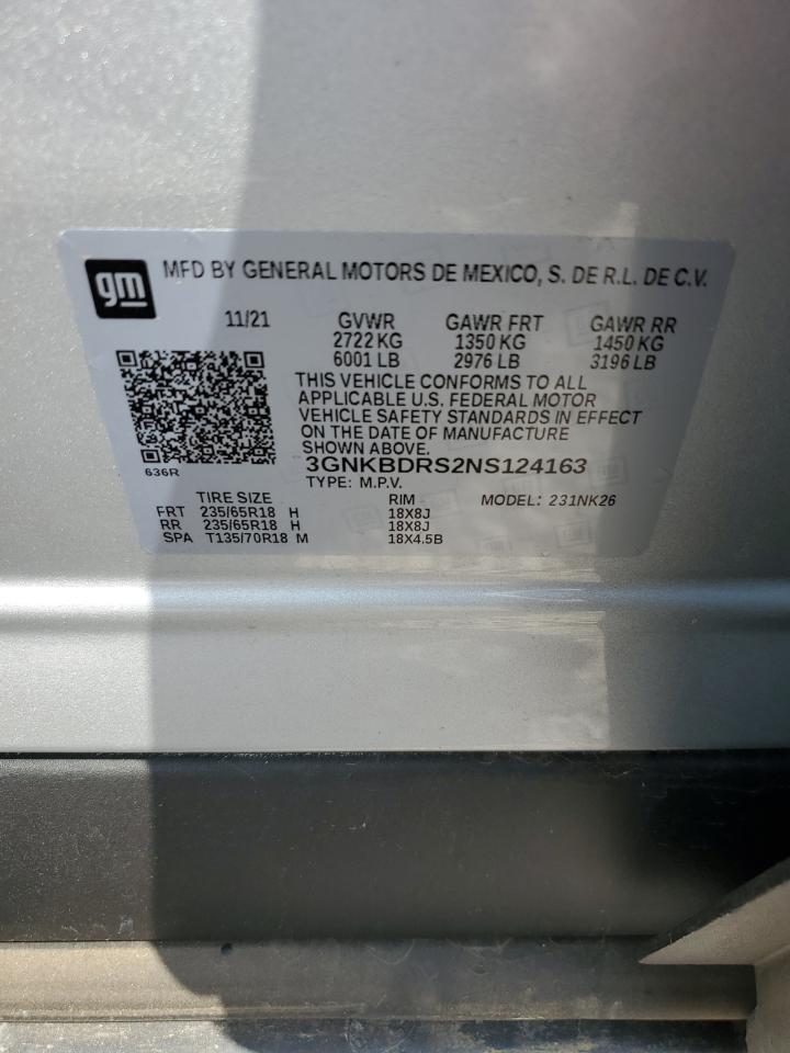 2022 CHEVROLET BLAZER 3LT VIN:3GNKBDRS2NS124163