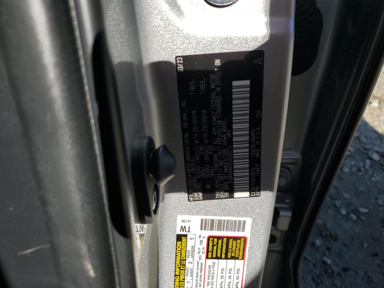 2023 TOYOTA HIGHLANDER L VIN:5TDKDRAH3PS028274