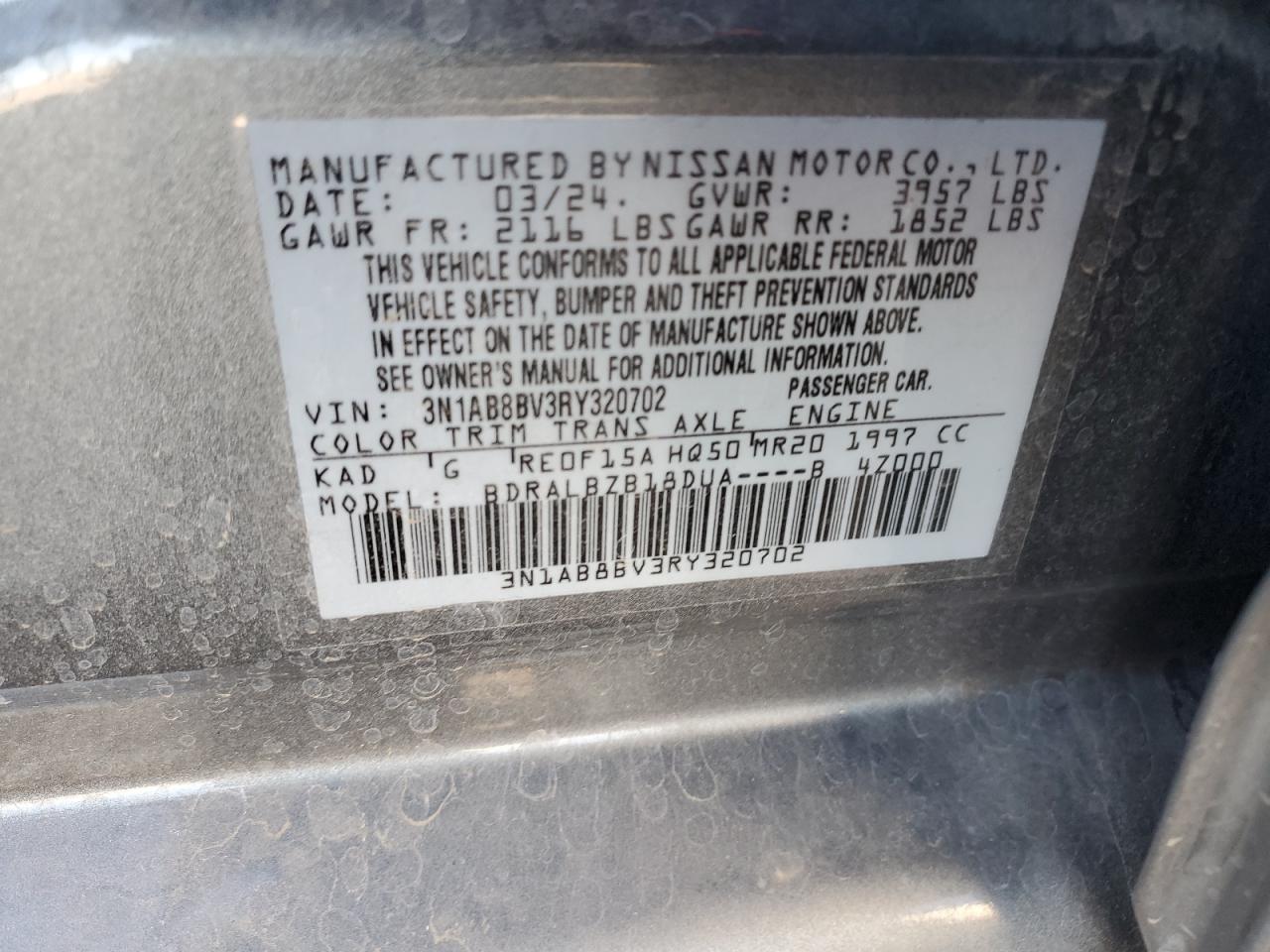 2024 NISSAN SENTRA S VIN:3N1AB8BV3RY320702