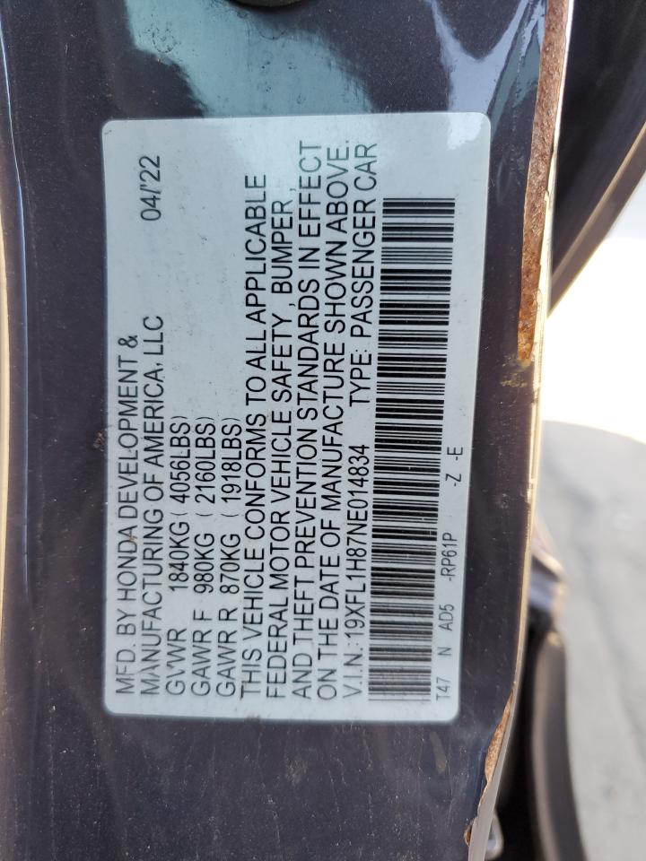 2022 HONDA CIVIC SPORT TOURING VIN:19XFL1H87NE014834