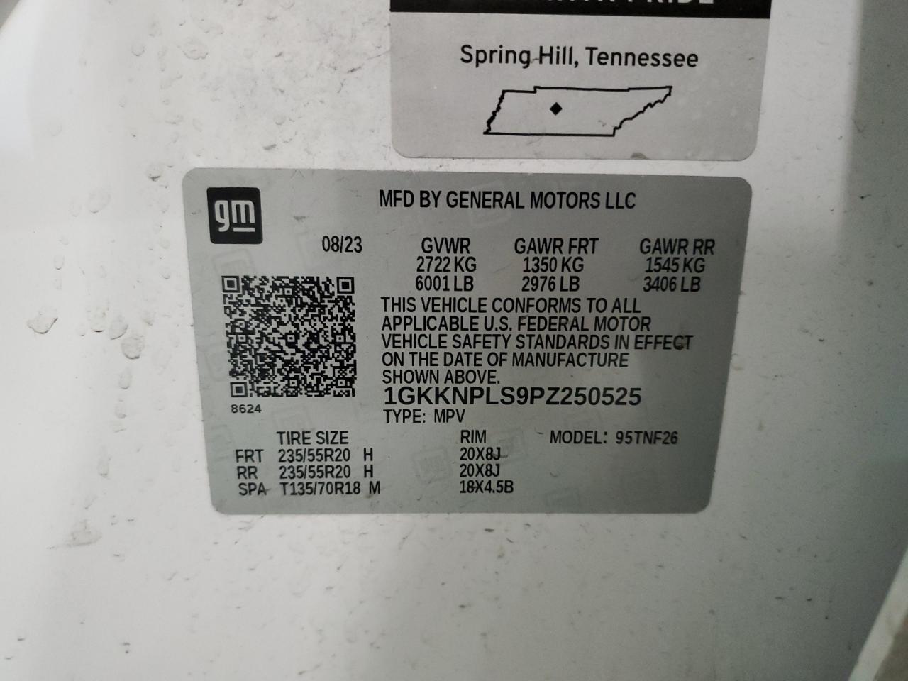 2023 GMC ACADIA DENALI VIN:1GKKNPLS9PZ250525