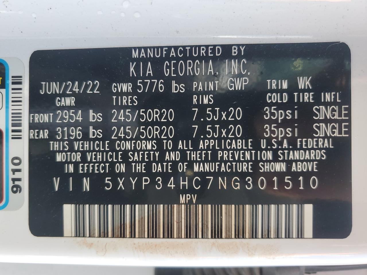 2022 KIA TELLURIDE EX VIN:5XYP34HC7NG301510