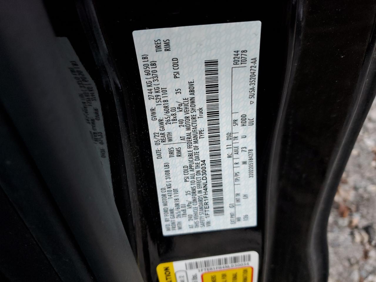 2022 FORD RANGER XL VIN:1FTER1FH4NLD30034