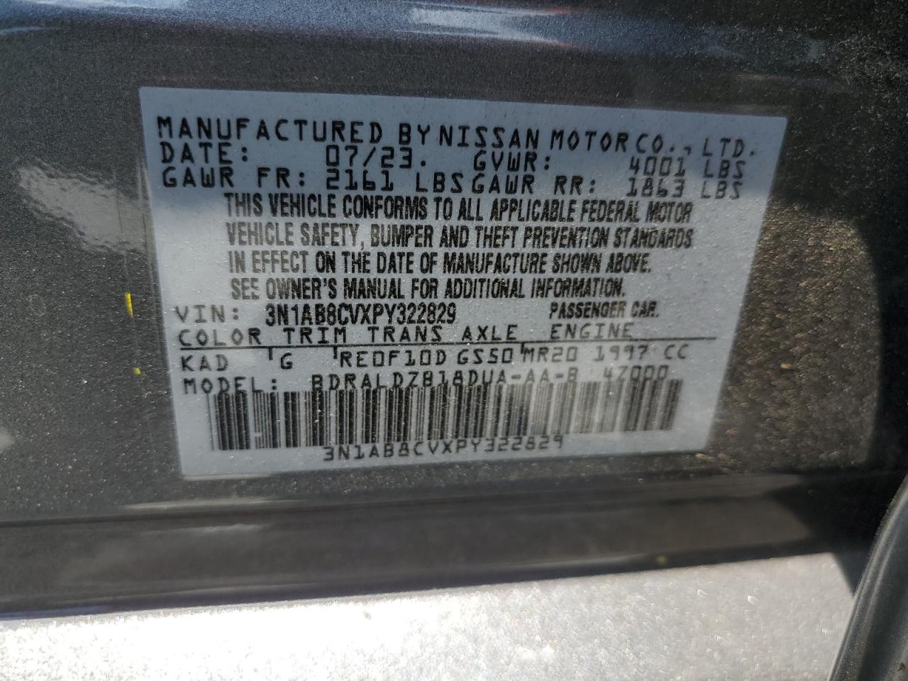 2023 NISSAN SENTRA SV VIN:WP0AA2A8XNS255297