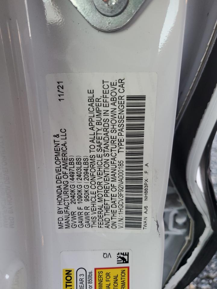 2022 HONDA ACCORD TOURING HYBRID VIN:1HGCV3F92NA000185