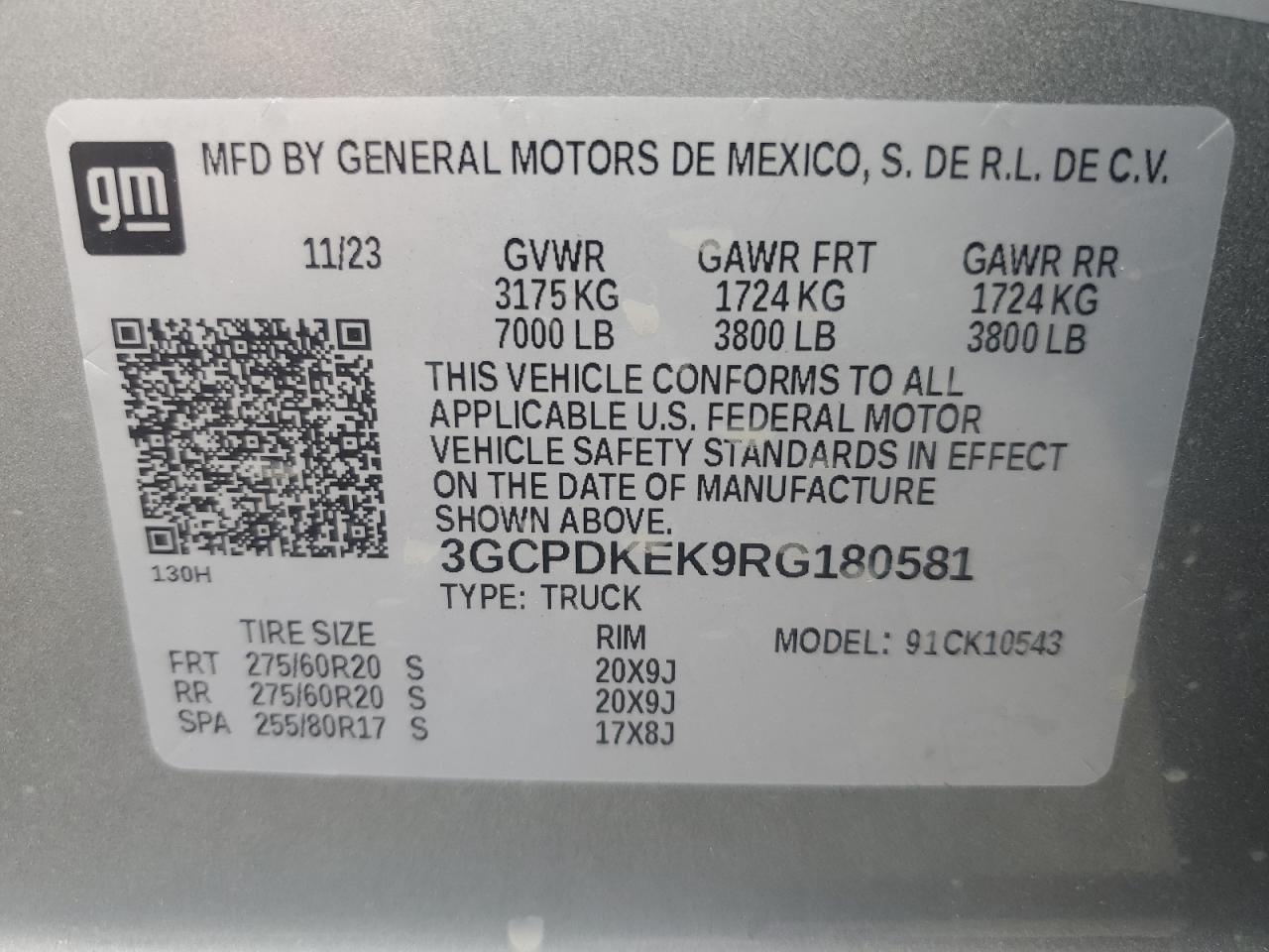 2024 CHEVROLET SILVERADO K1500 LT-L VIN:3GCPDKEK9RG180581