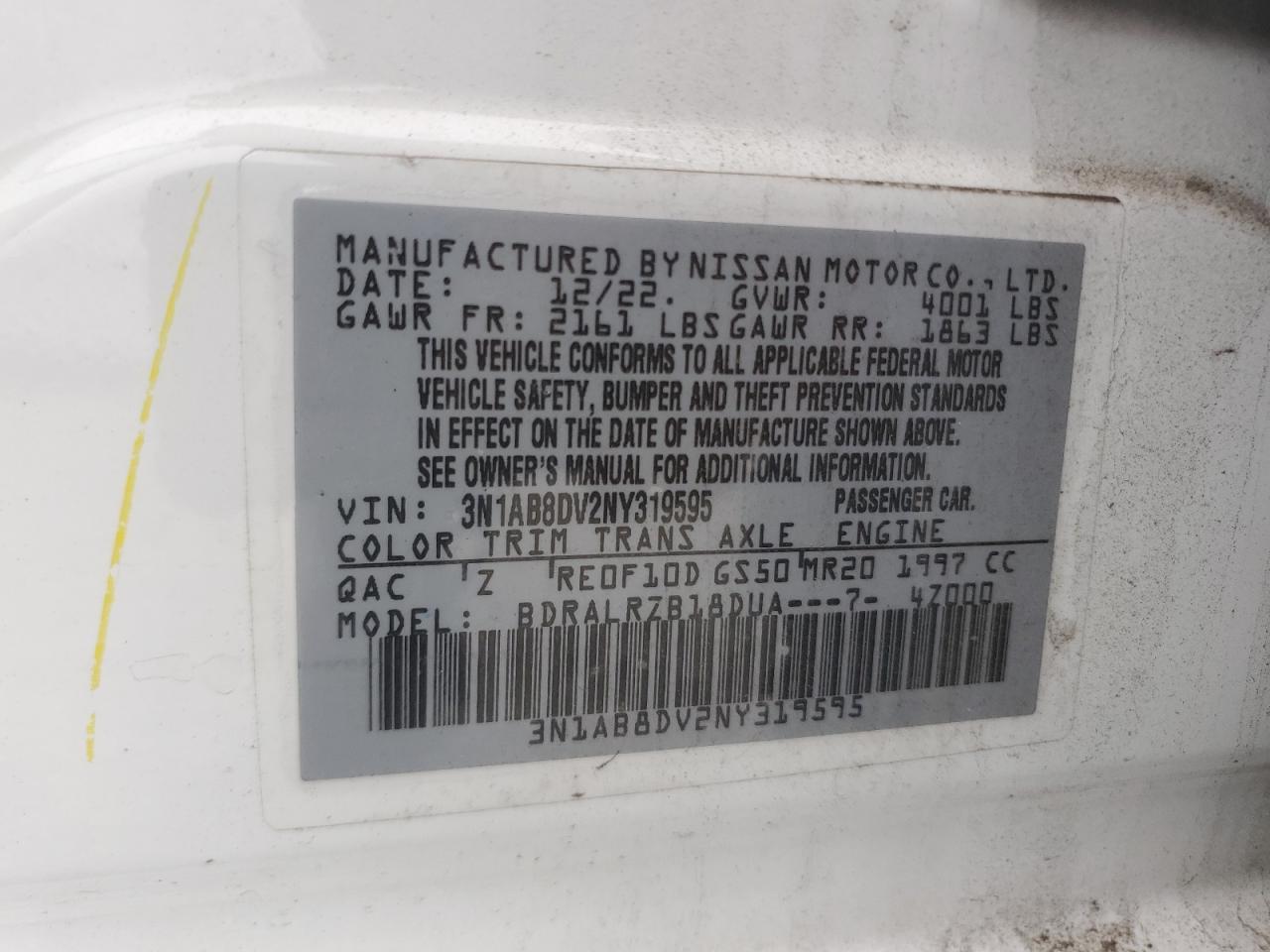 2022 NISSAN SENTRA SR VIN:3N1AB8DV2NY319595