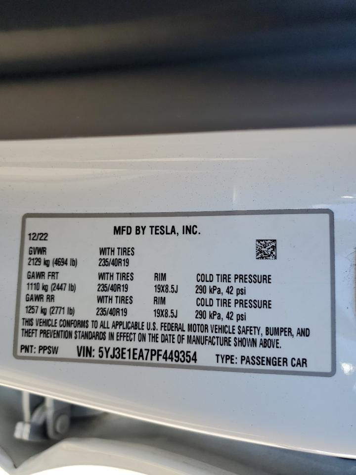 2023 TESLA MODEL 3  VIN:5YJ3E1EA7PF449354