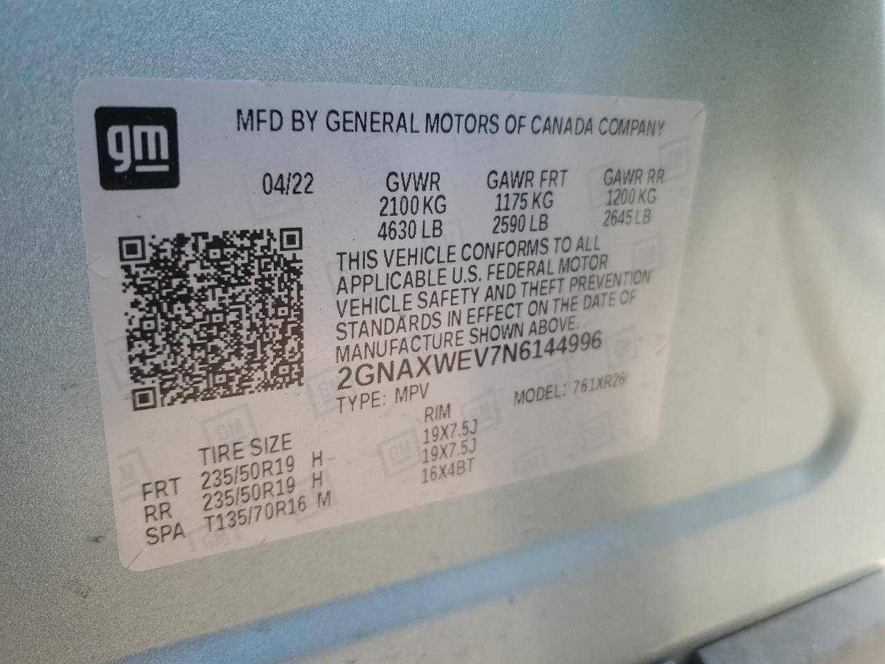 2022 CHEVROLET EQUINOX RS VIN:2GNAXWEV7N6144996