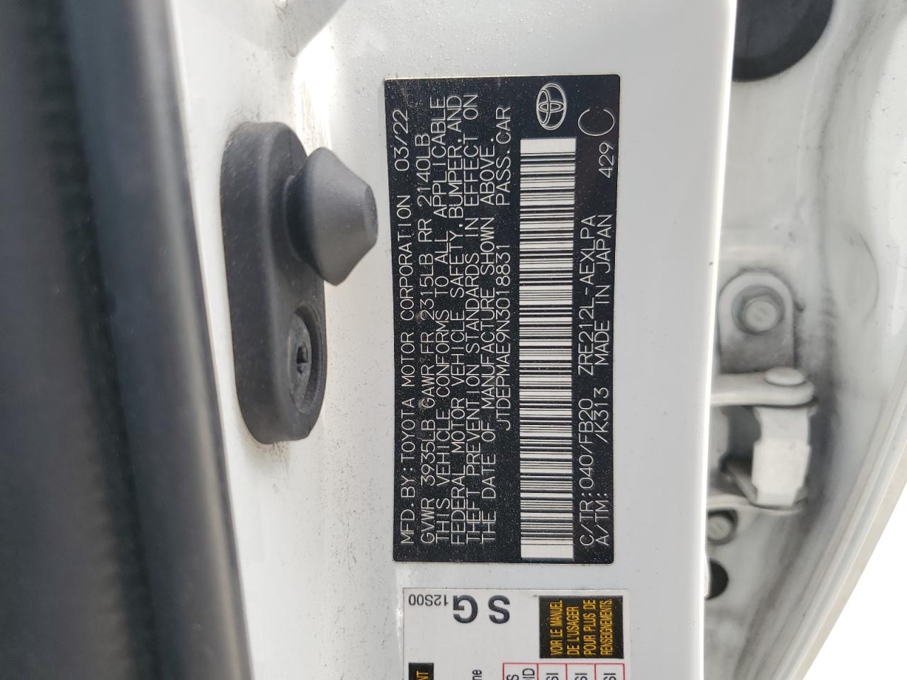 2022 TOYOTA COROLLA LE VIN:JTDEPMAE9N3018831