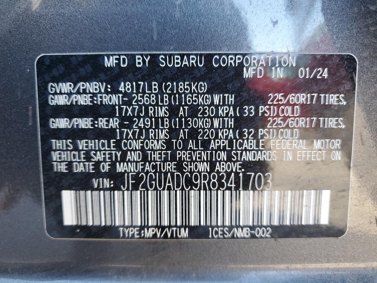 2024 SUBARU CROSSTREK PREMIUM VIN:JF2GUADC9R8341703