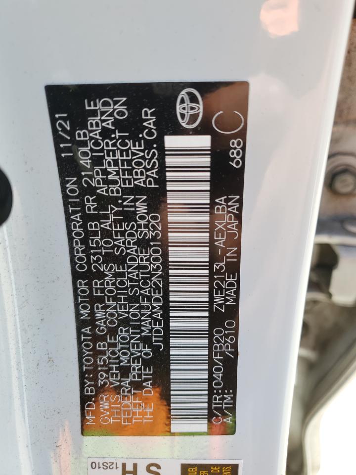 2022 TOYOTA COROLLA LE VIN:JTDEAMDE2N3001320