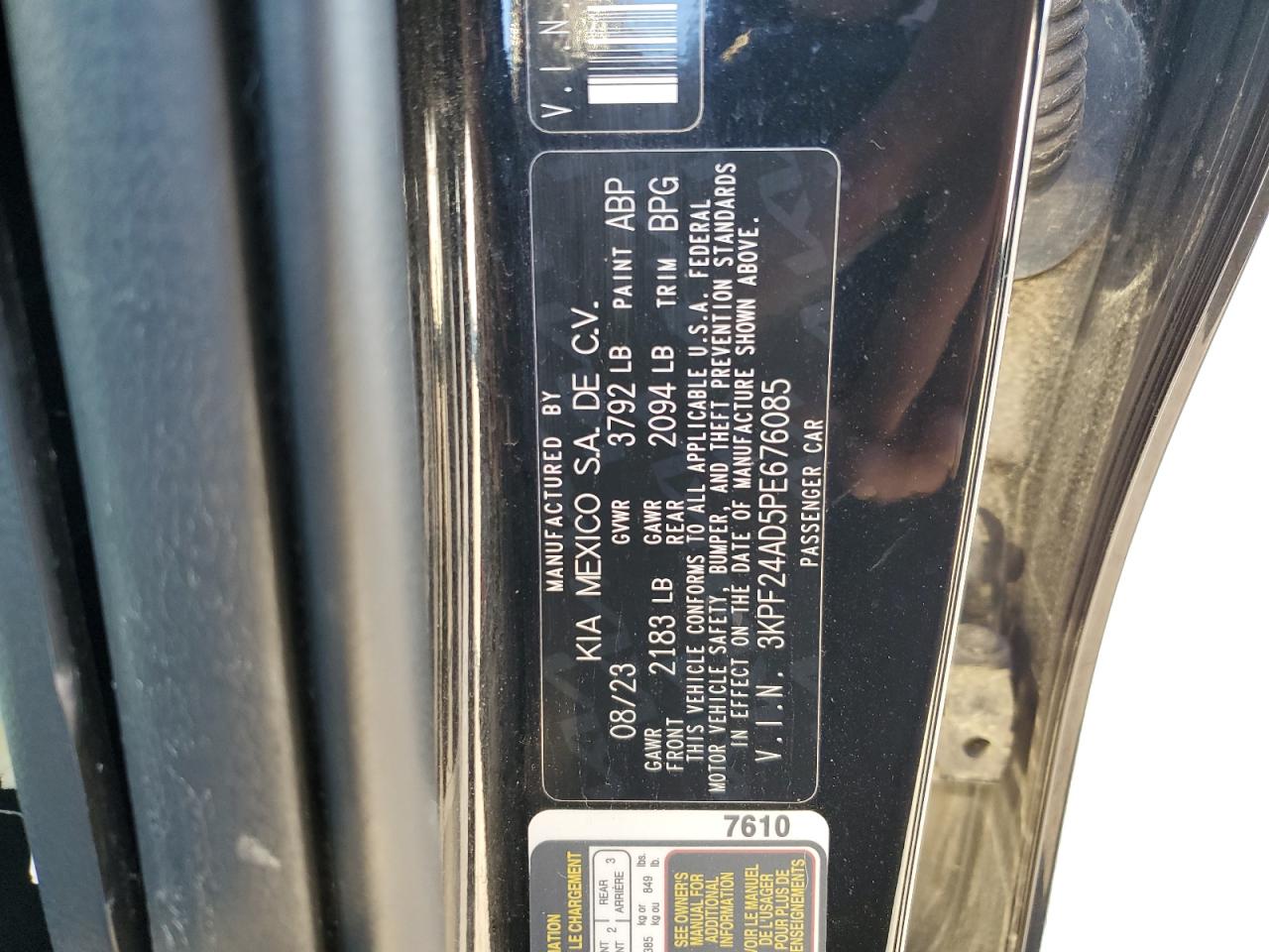 2023 KIA FORTE LX VIN:3KPF24AD5PE676085