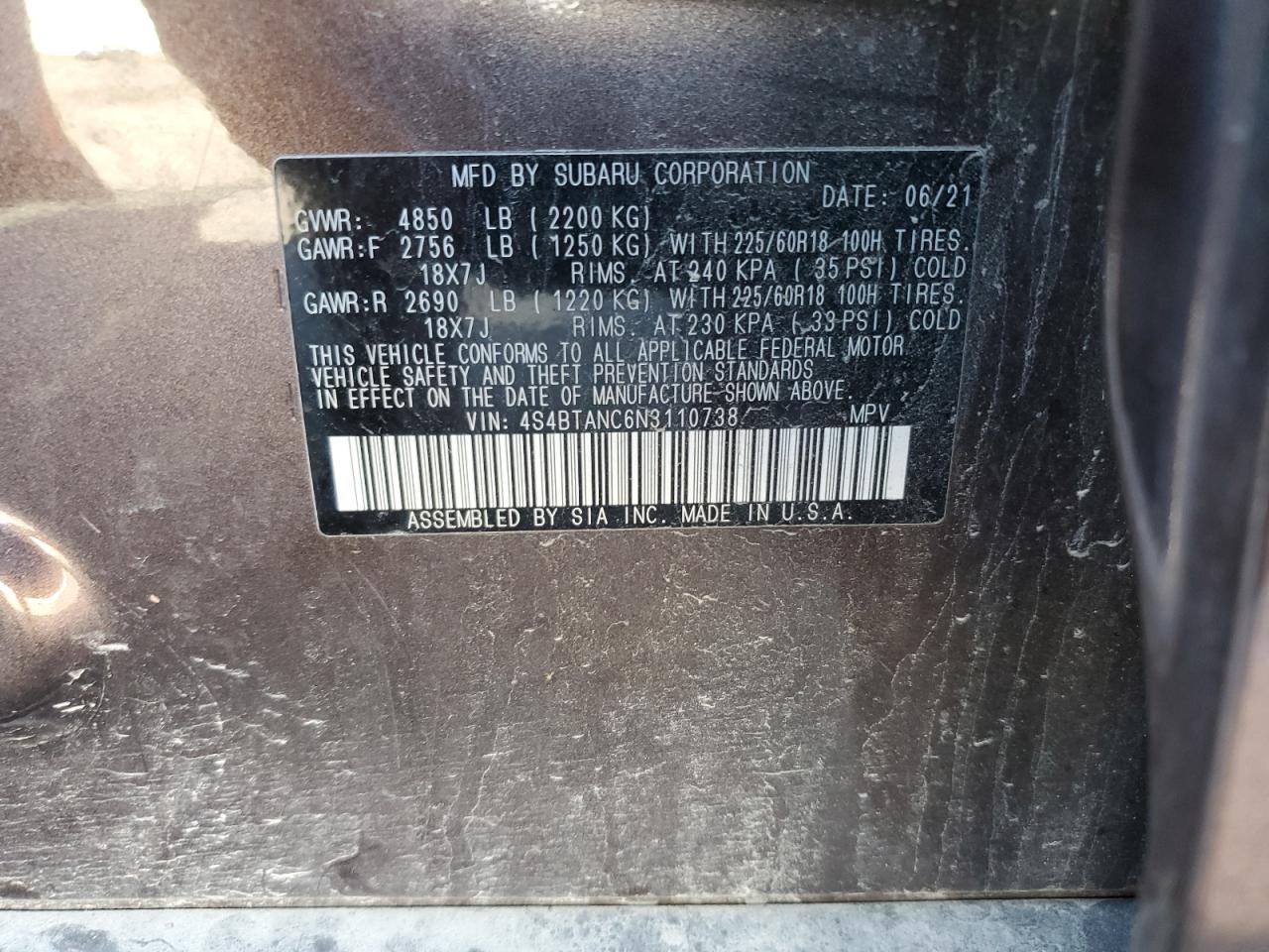 2022 SUBARU OUTBACK LIMITED VIN:4S4BTANC6N3110738