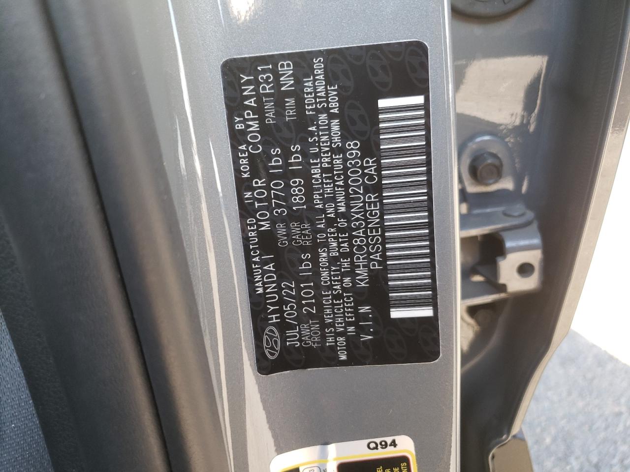 2022 HYUNDAI VENUE SEL VIN:KMHRC8A3XNU200398